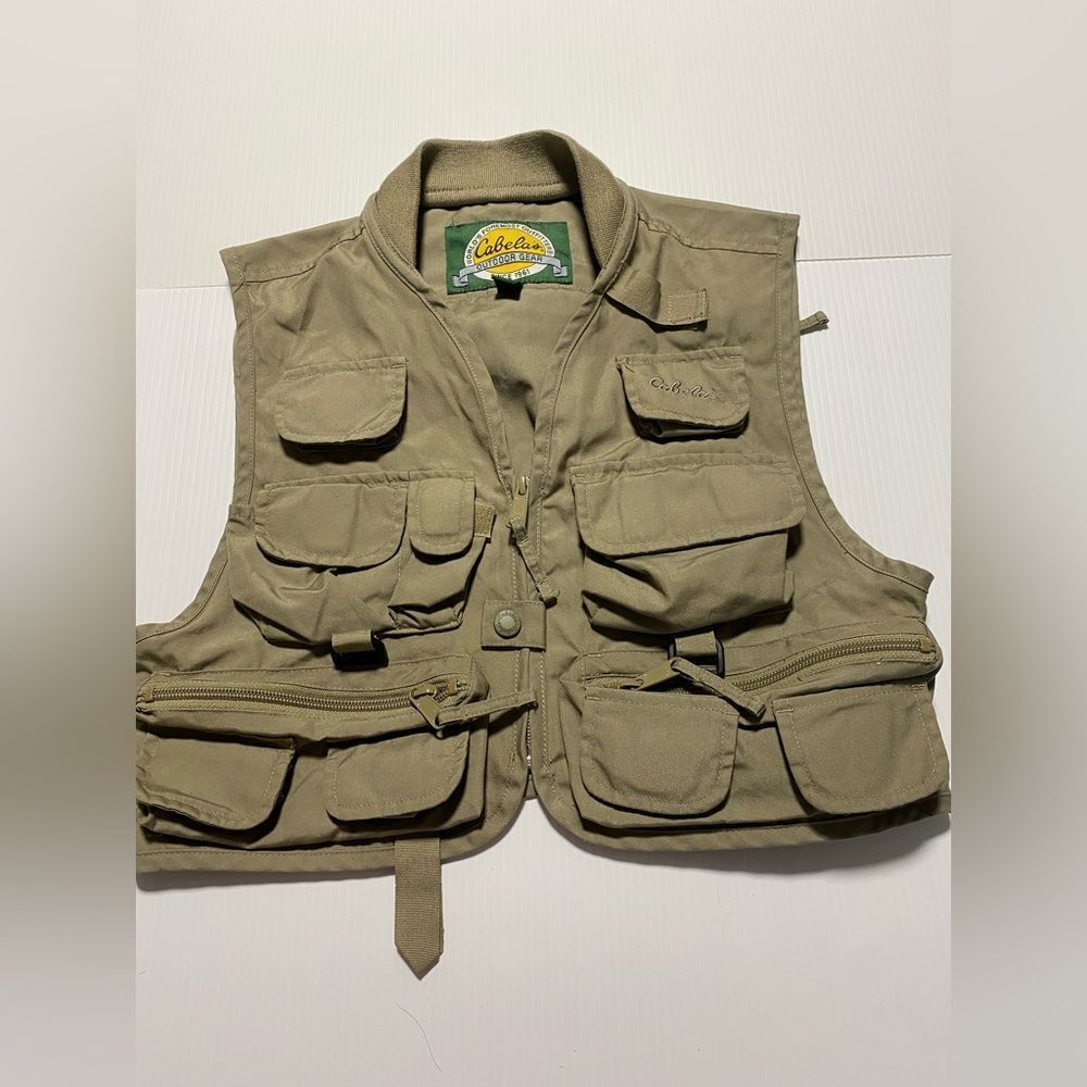 Cabela's beige outdoor gear multi-pocket fishing hunting Vest Pockets S/M